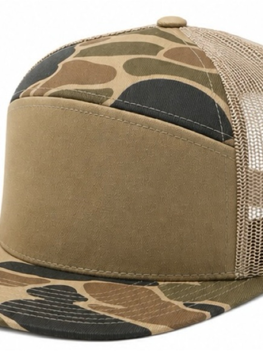 Khaki Camo Trucker Snapback Hat Flat Bill Mesh Back Blank High Profile Cap - Picture 3 of 4